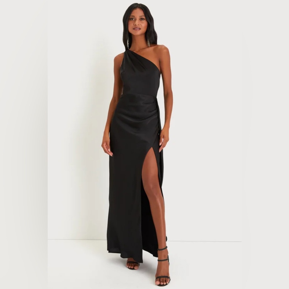 Lulus Signature Elegance Black Satin One-Shoulder Maxi Dress XS